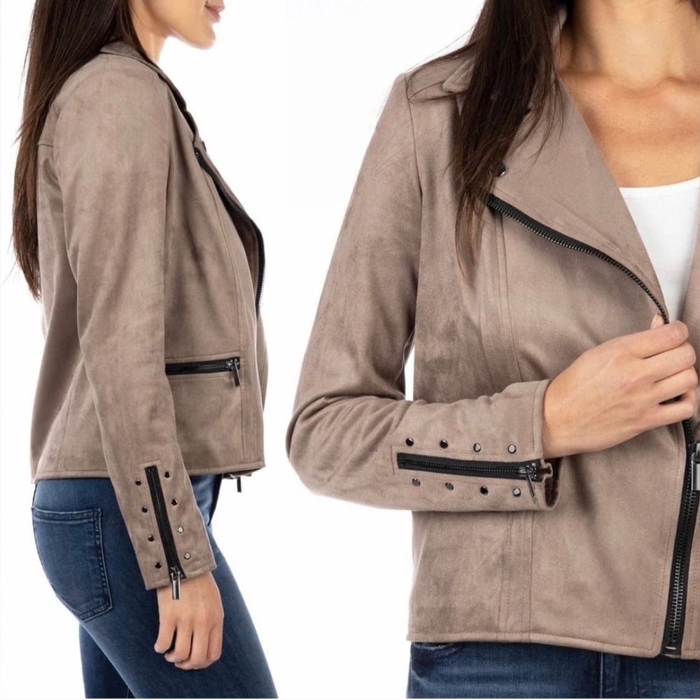 Kut from the Kloth Eveline Asymmetrical Crop Faux Suede Taupe Moto Jacket Size S